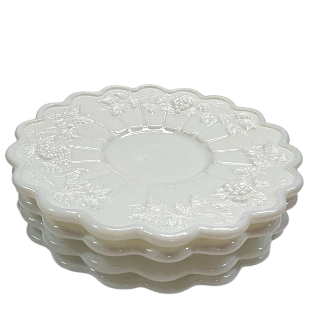 4 Milk Glass Grape Pattern Scalloped Westmoreland  5 3/4" Plate Appetizer Snack